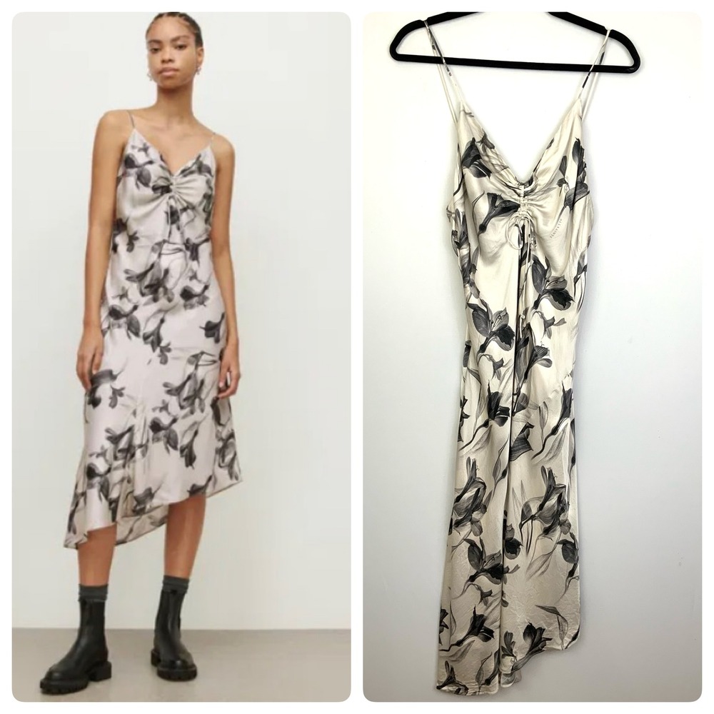 Allsaints US 6 Alexia Iris Floral Silk Blend Ruched Bust Slip Dress Lined